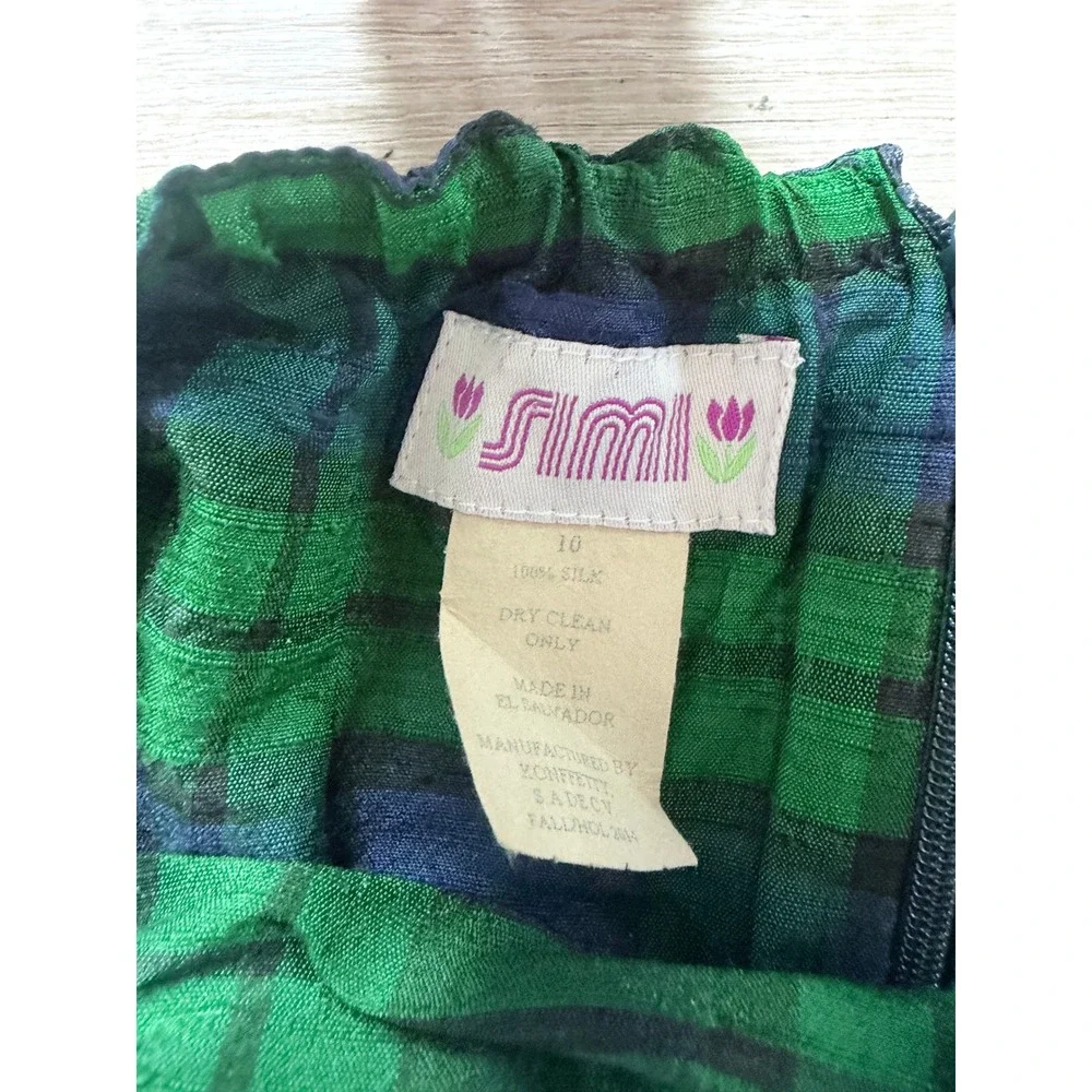 Kids Simi Vintage 100% Silk Plaid Pleated Mini Skirt Green Blue 90s Preppy Sz 10